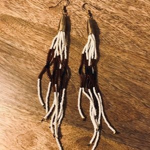 Long white Seed Bead Shoulder Duster Earrings